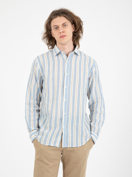 Camicia misto lino a righe azzurro / bianco / beige