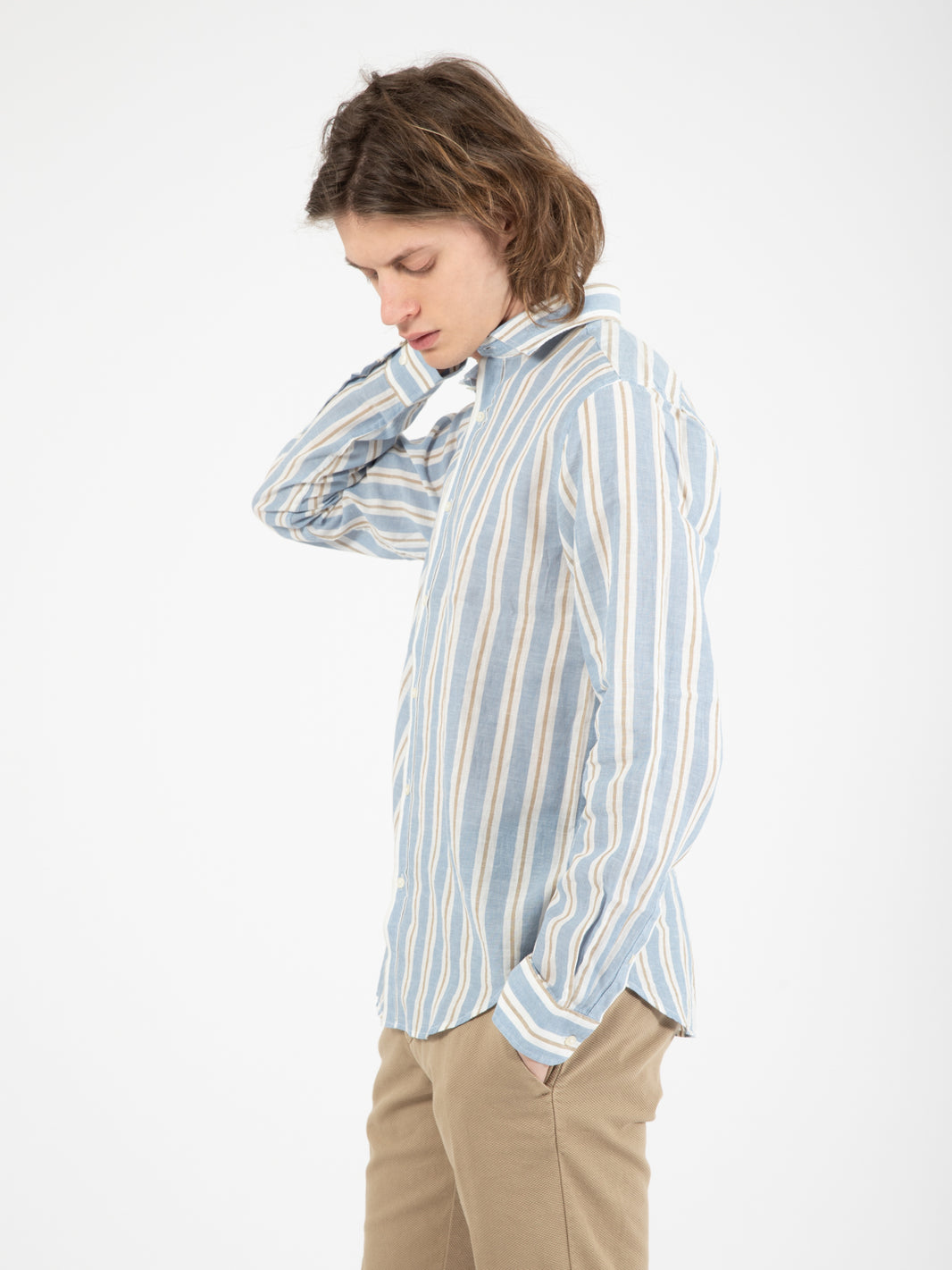 Light blue / white / beige striped linen blend shirt