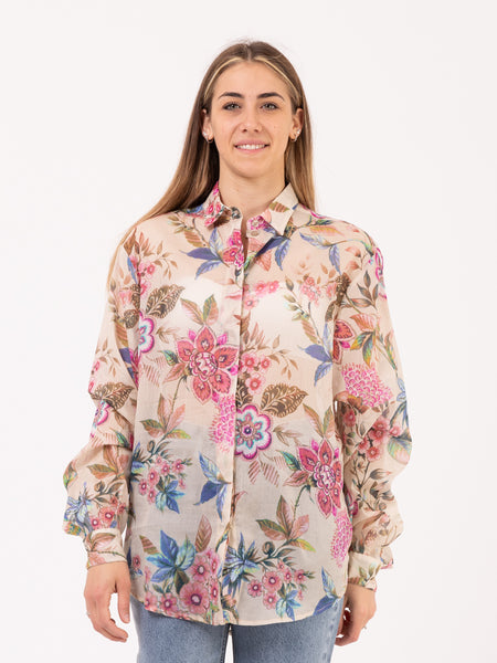 Camicia semitrasparente beige con fiori