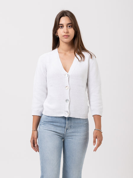 Cardigan lavorato bianco con bordi a coste