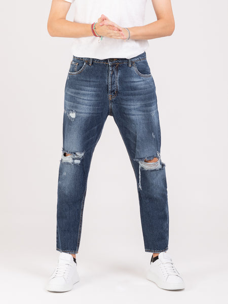 Jeans cropped denim medio scuro con strappi