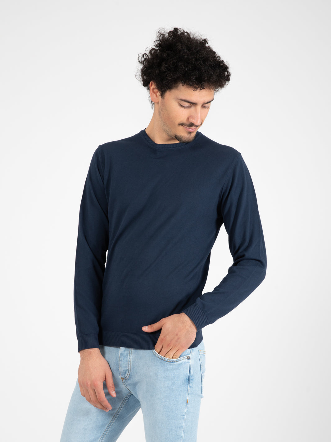Maglia girocollo in cotone blu