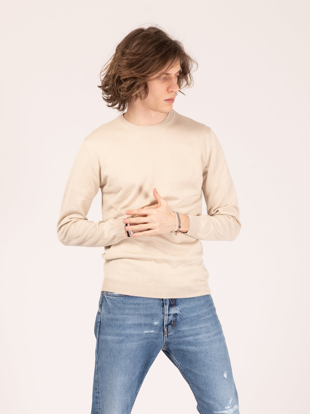 Maglia girocollo in cotone sabbia