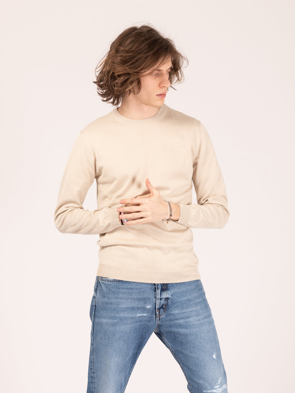 Maglia girocollo in cotone sabbia