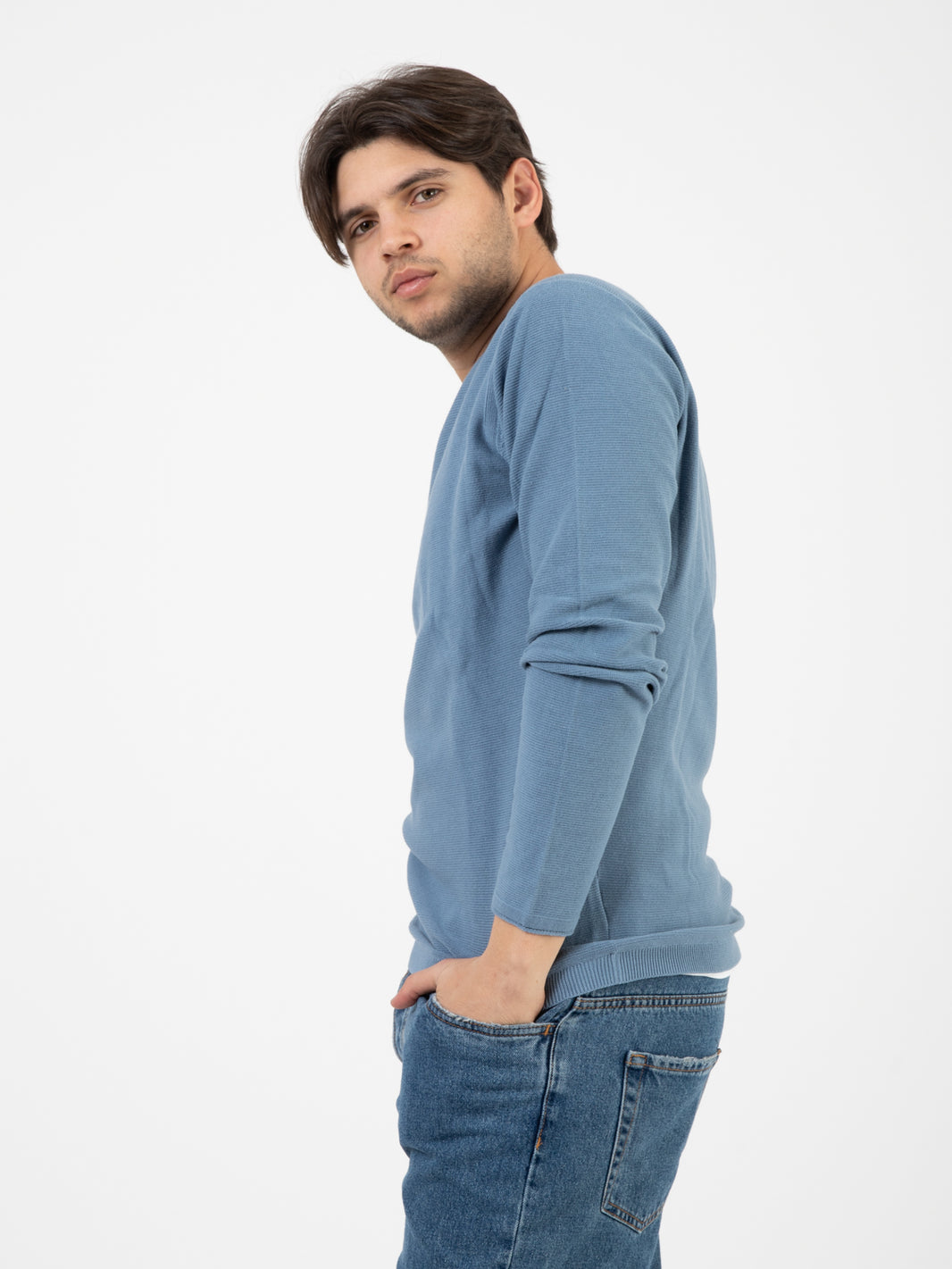 Cotton denim crew neck