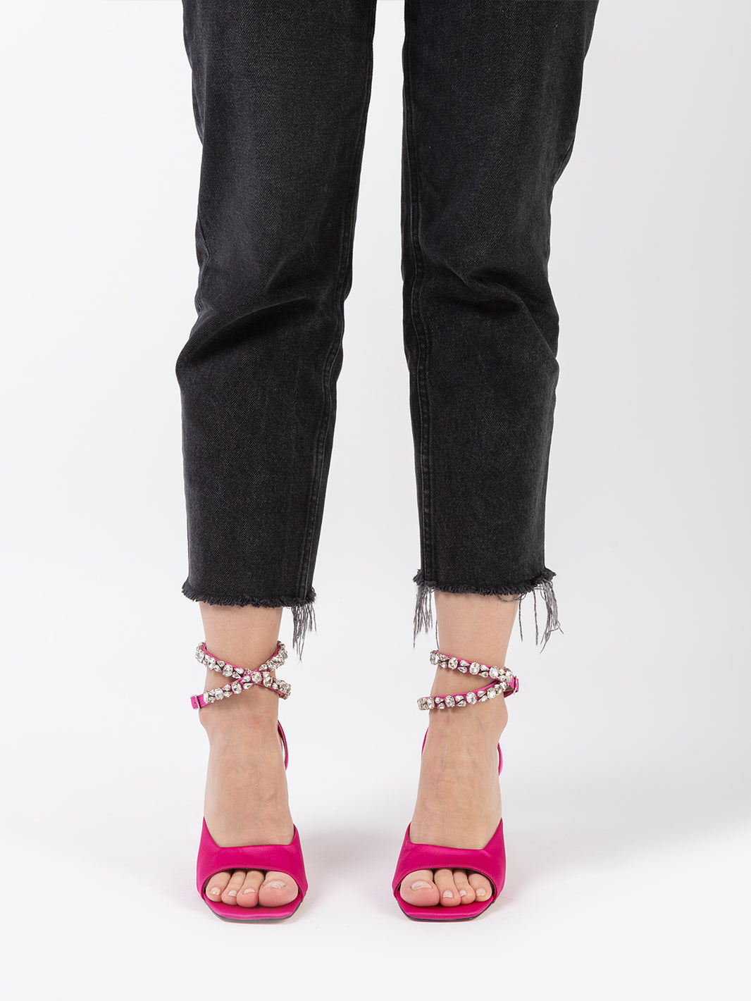 Fuchsia satin sandals with rhinestone strap