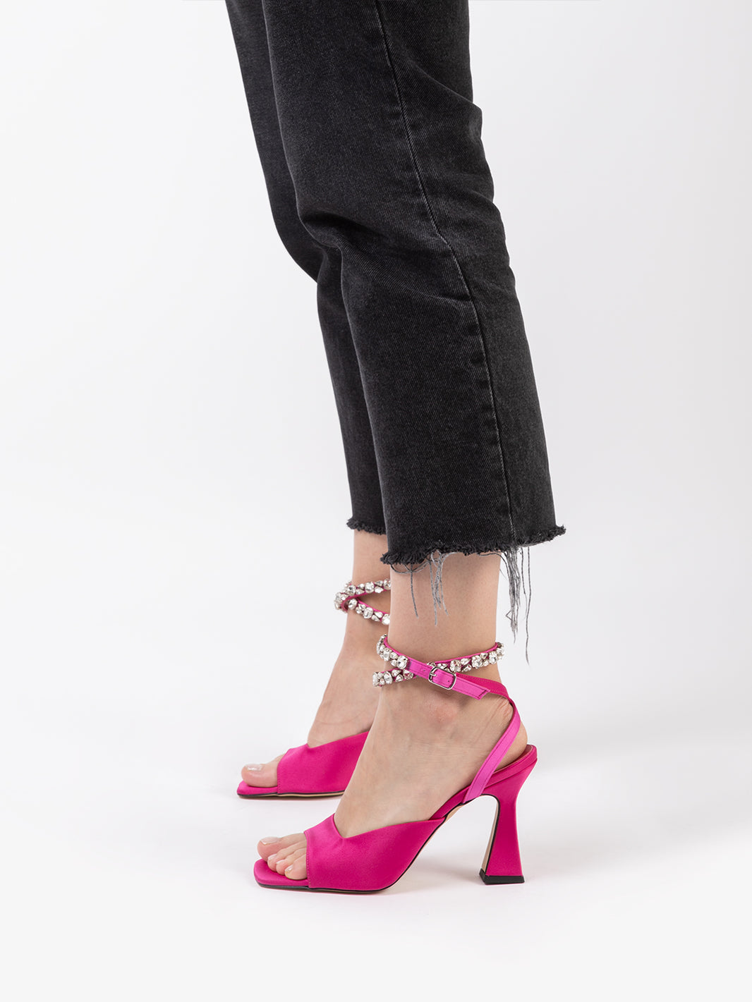Fuchsia satin sandals with rhinestone strap