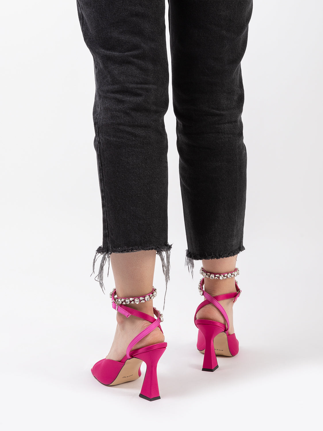 Fuchsia satin sandals with rhinestone strap