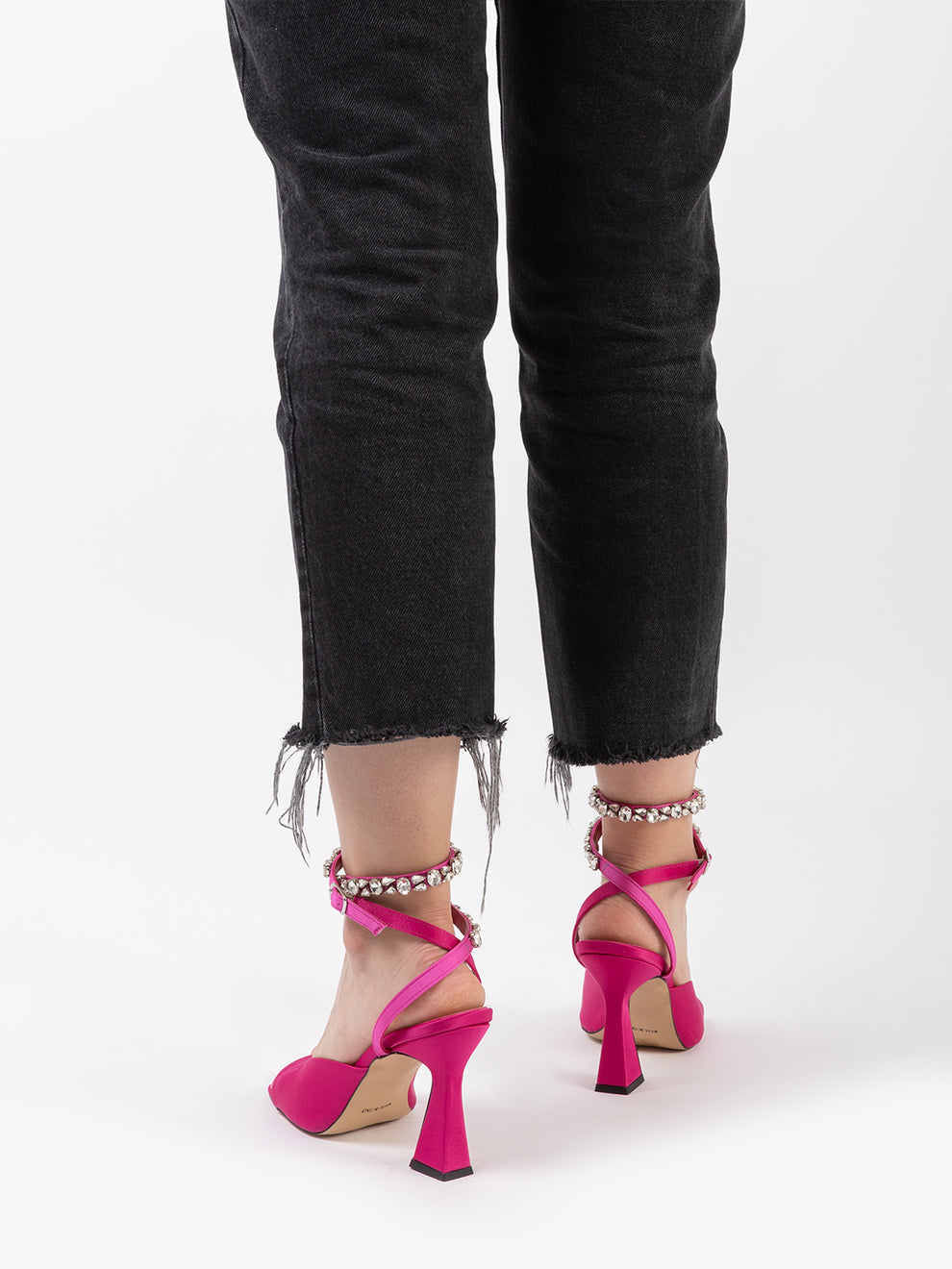 Fuchsia satin sandals with rhinestone strap