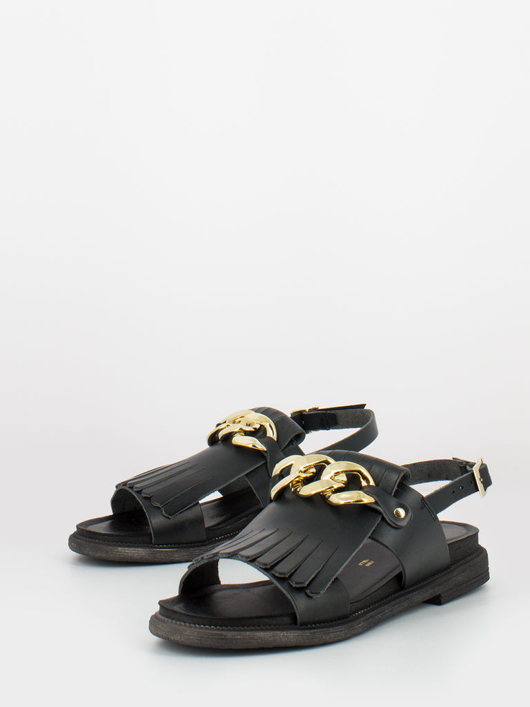 STIMM - Sandali neri con frange e catena