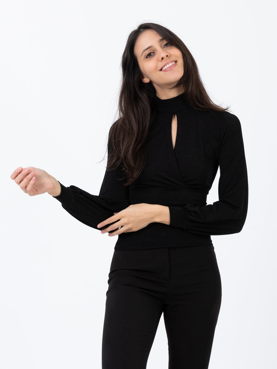 Top collo alto nero lurex con spacco incrociato