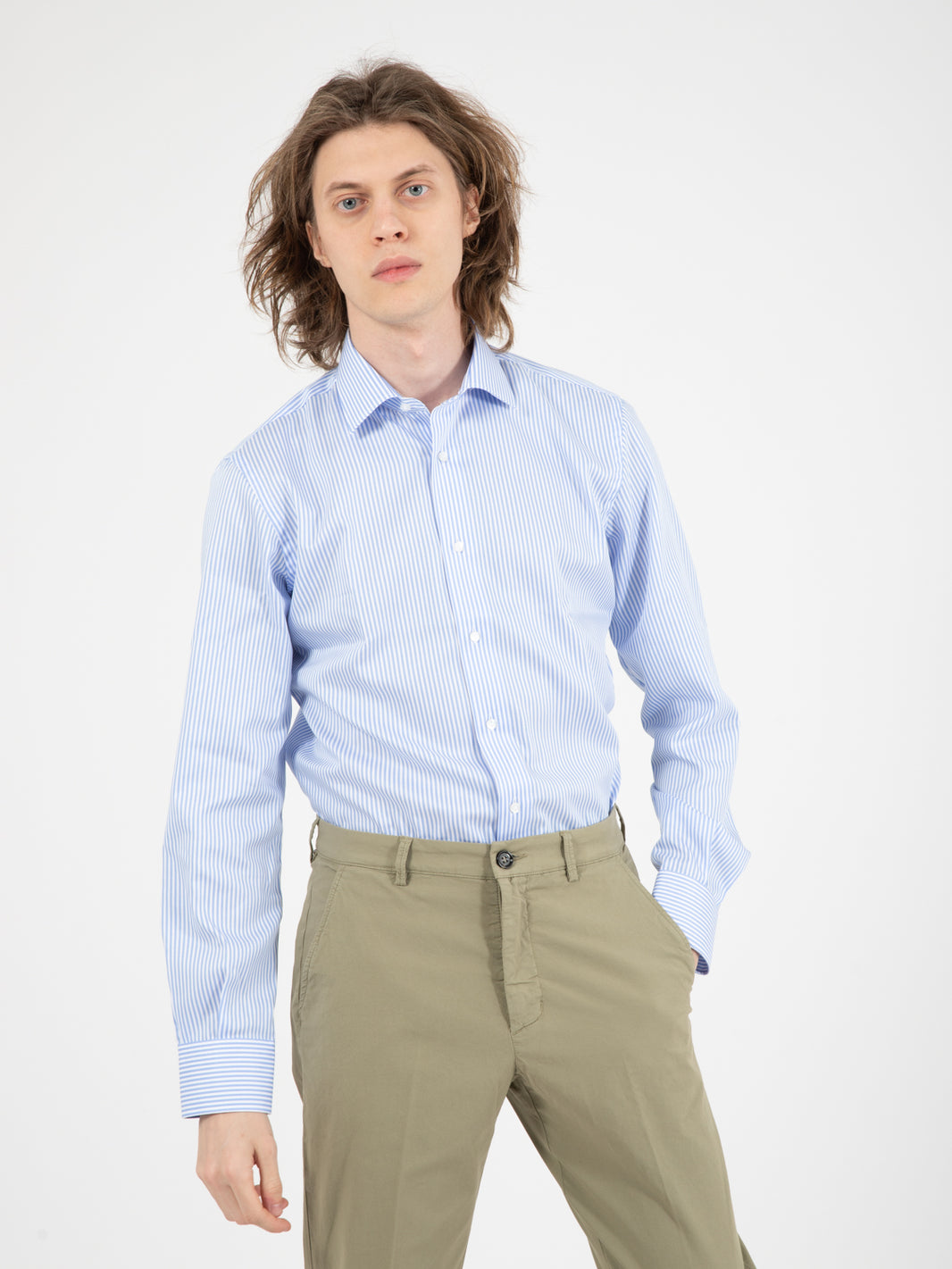 Camicia No Iron microriga bianco / azzurro