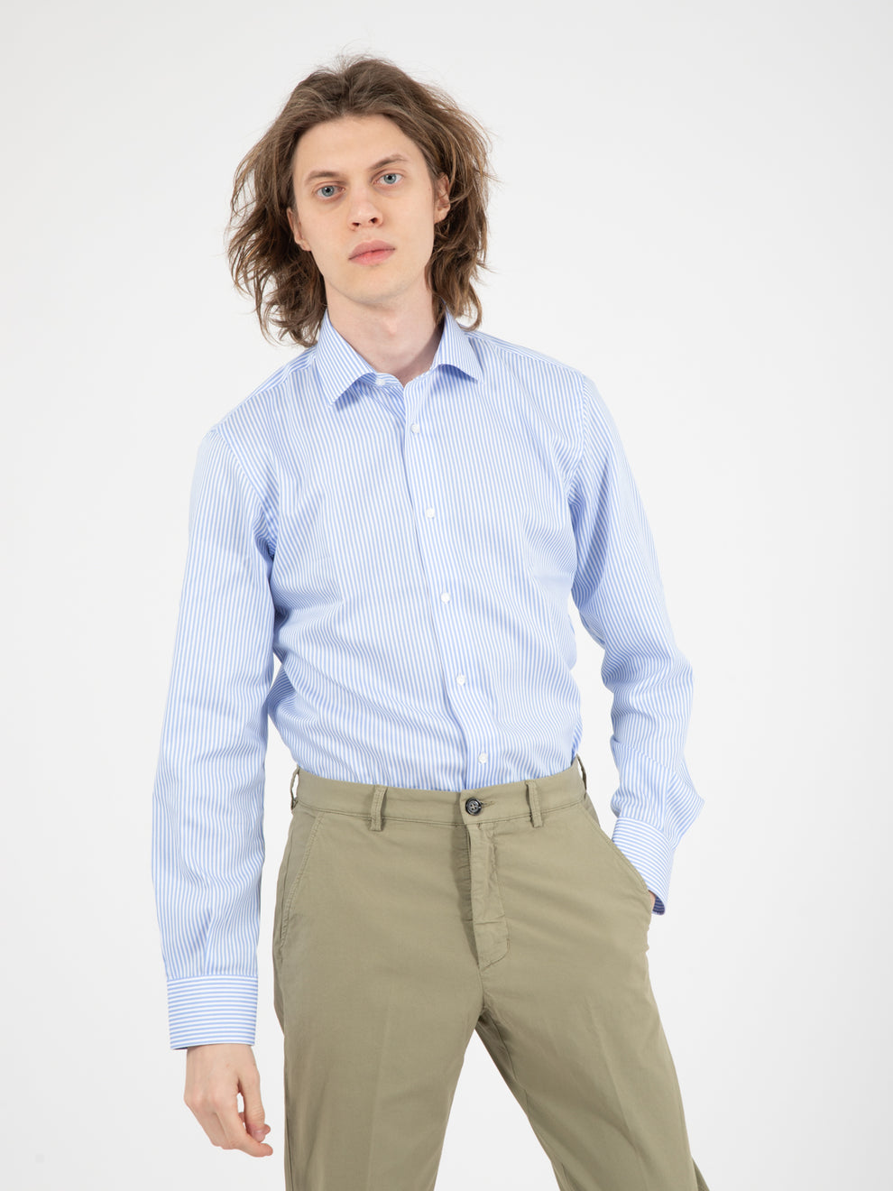 Camicia No Iron microriga bianco / azzurro