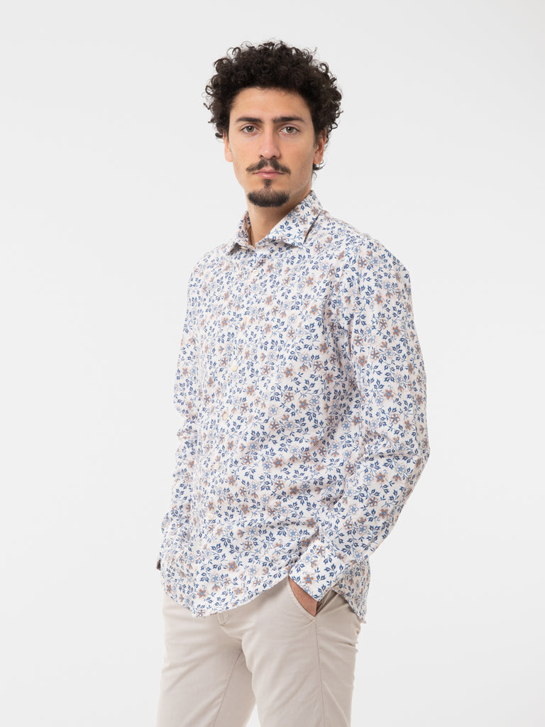 TINTORIA MATTEI 954 - Camicia fantasia floreale bianca/blu