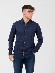 TINTORIA MATTEI 954 - Camicia seersucker mini quadretti blu / nero