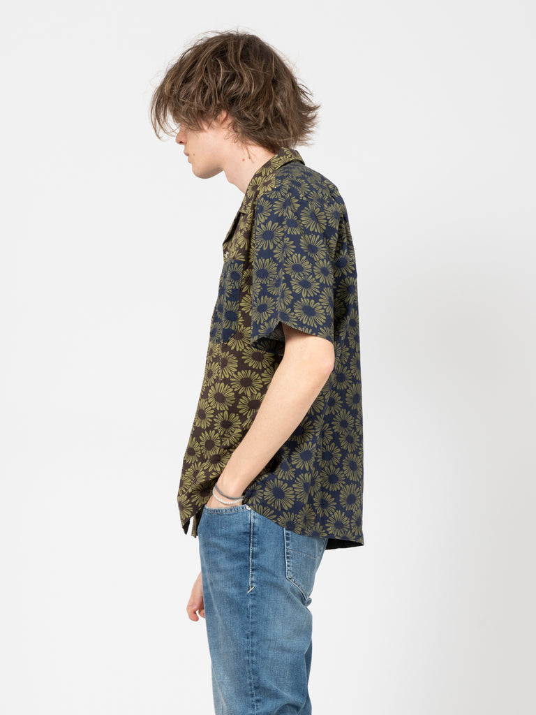 UNIVERSAL WORKS - Camicia S/S mixed camp sun flower brown / navy