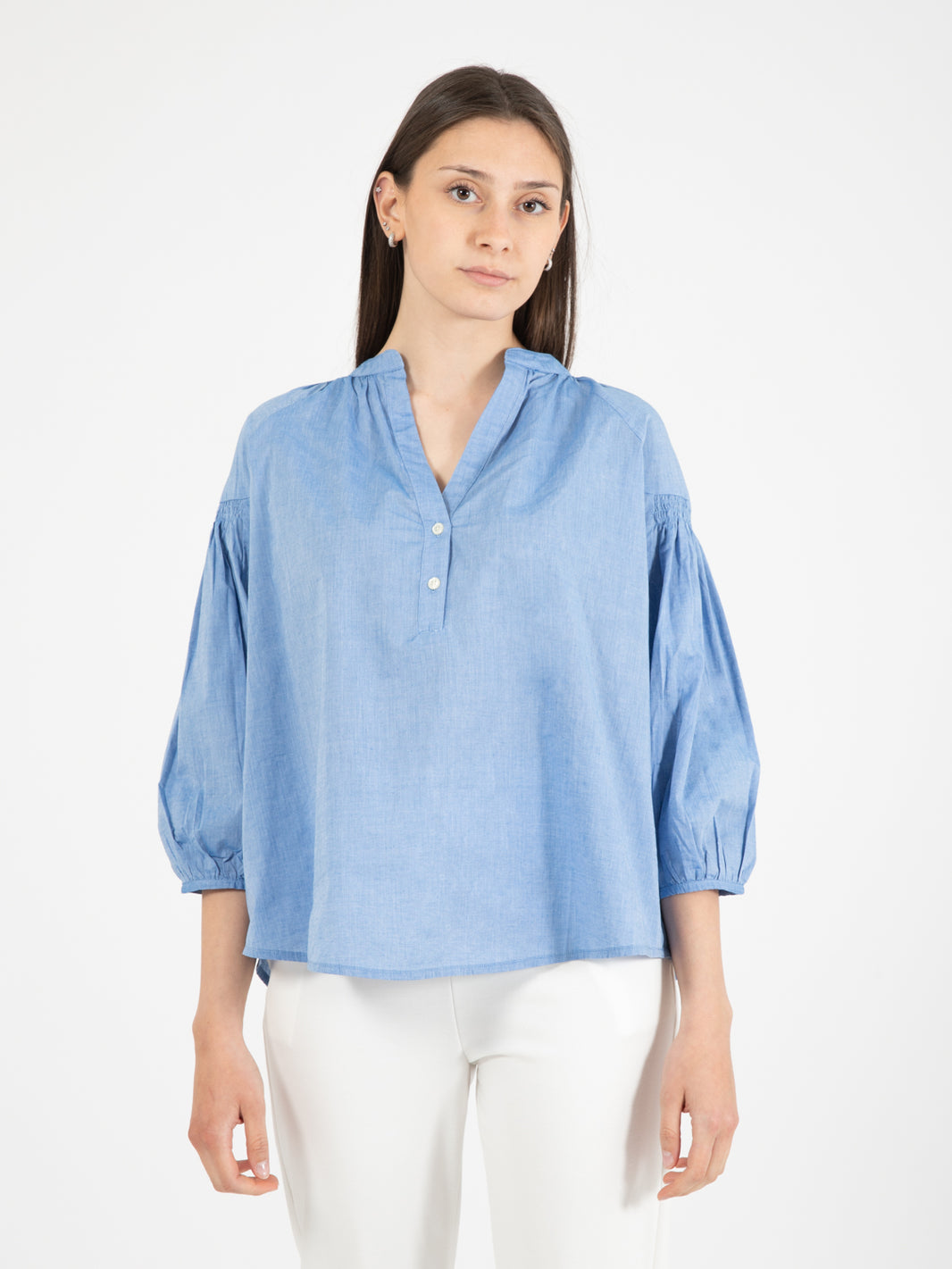 Blusa in chambray di cotone pale indigo