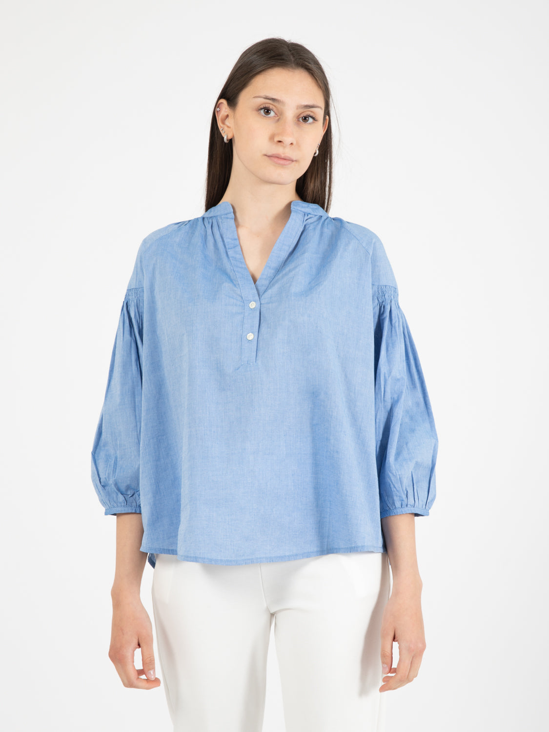 Blusa in chambray di cotone pale indigo