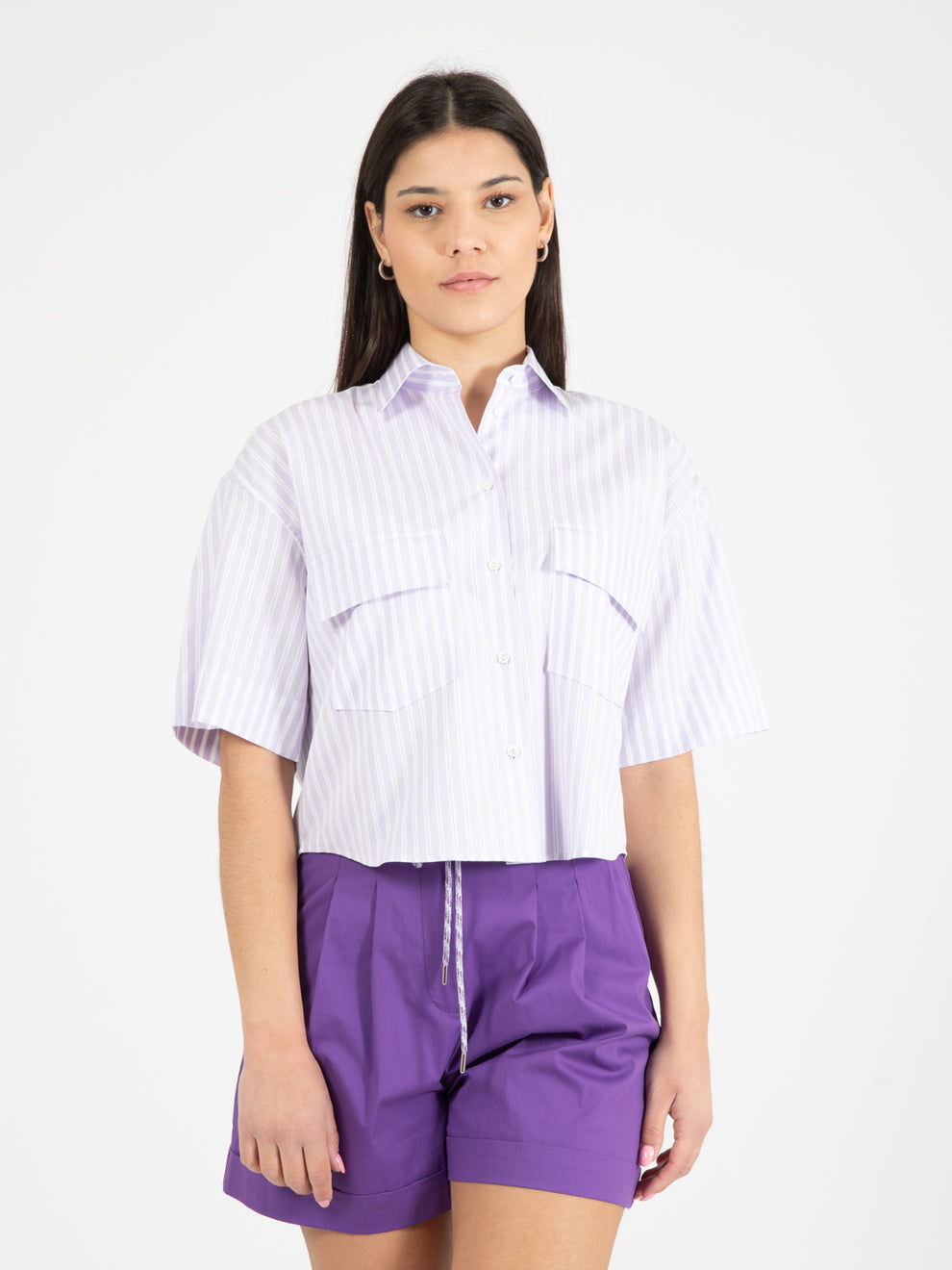 Camicia crop a righe lilla
