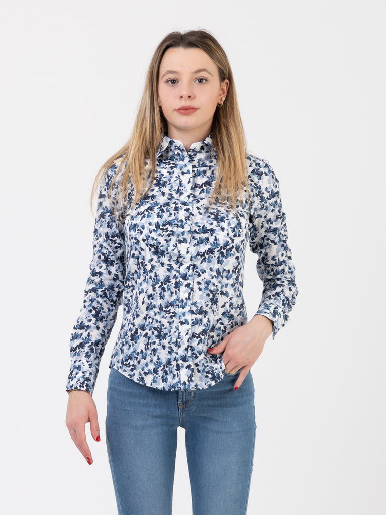 XACUS - Camicia Sara stretch a fiori bianco / blu